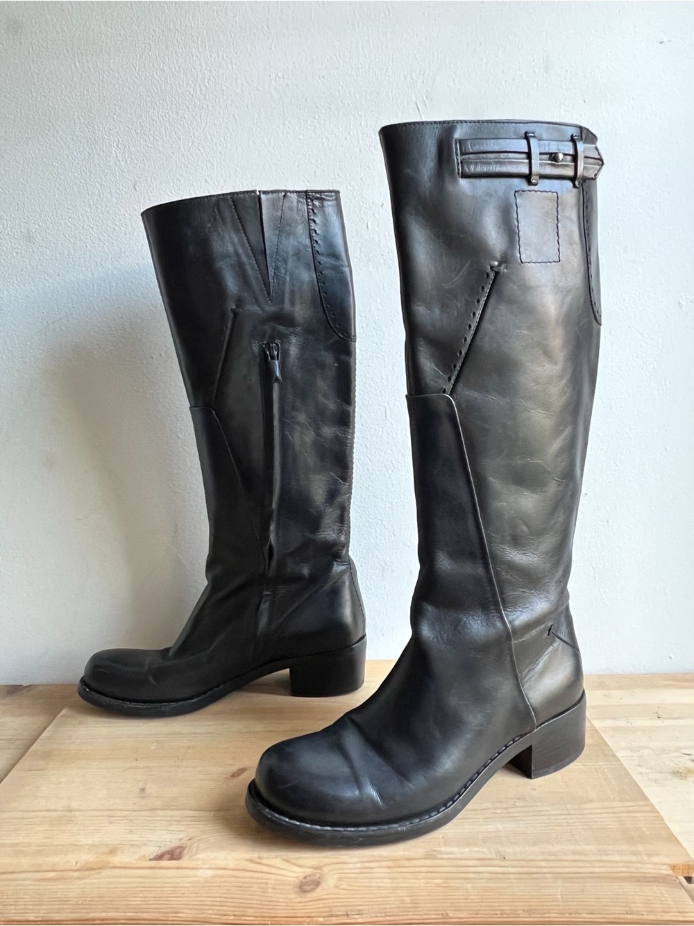 Costume National knee high boots black leather low block heels vintage Y2K sz 36